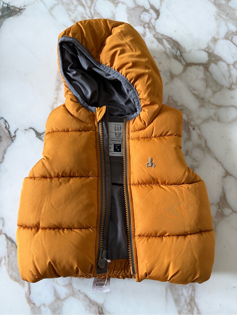 NWT GAP Kids Mustard Hooded Puffer Vest 6-12M